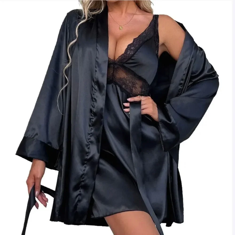 Babydoll Lingerie+Robe Set Women Satin Lace Bathrobe Long Sleeve Robe Nightgown